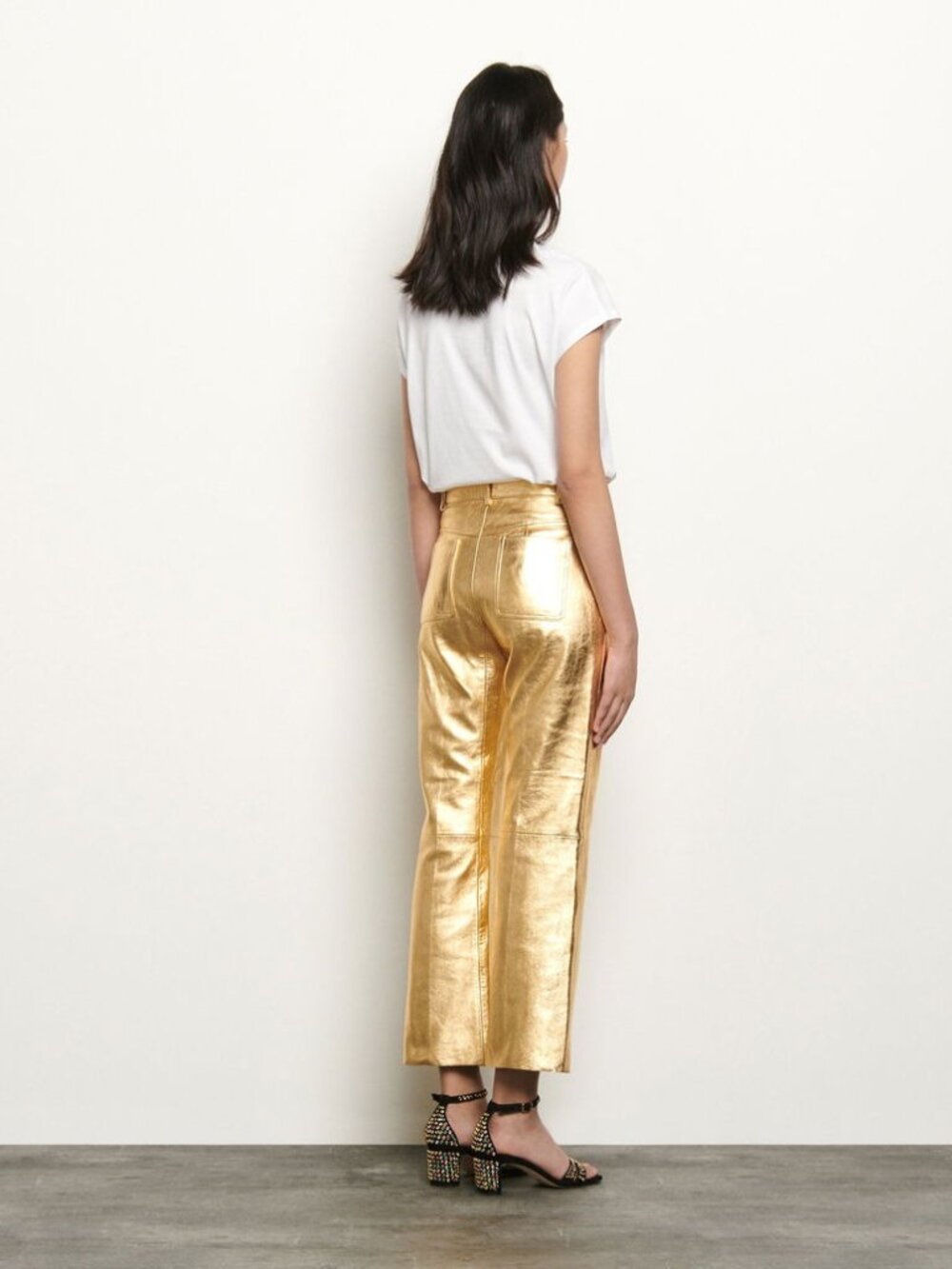 NWT SANDRO Metallic gold leather kick-flare pants US 4/S FR 36 $820 - Picture 5 of 13